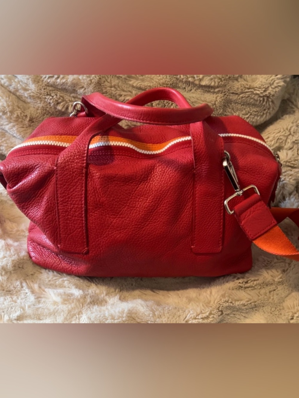 Roots | Sporty Pebbled Red Leather Handbag Duffel with Orange White Accent Women